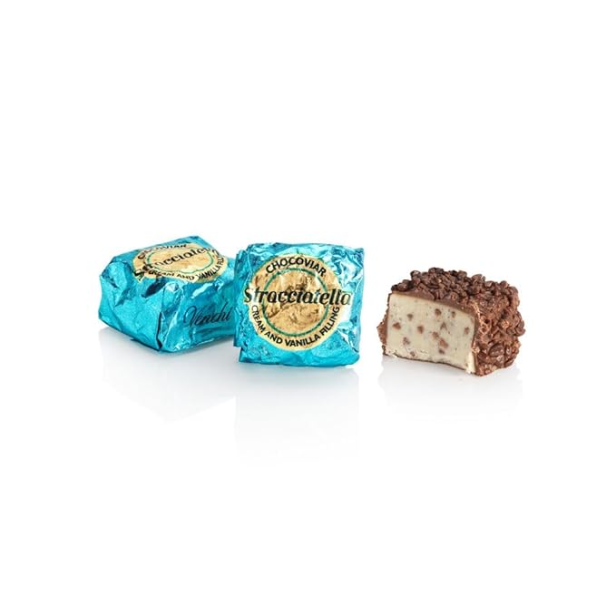 Venchi Chocoviar Stracciatella Chocolate 15-Piece Elegant Gift Box - Milk Chocolate Shell, Creamy Cocoa Nibs and Vanilla Beans Filling & Topped With Chocoviar Micro-pearls - Preservative & Gluten Free