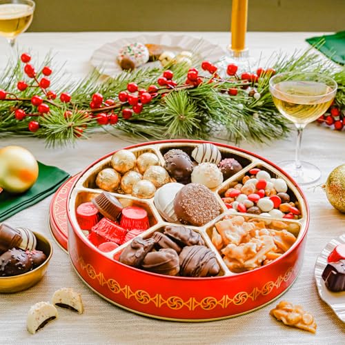 BONNIE AND POP - Holiday Snack Gift Tin, Round, Modern Pattern, Assorted Treats: Belgian Truffles, Chocolate Covered Oreos, Peanut Brittle and Candy Nuts