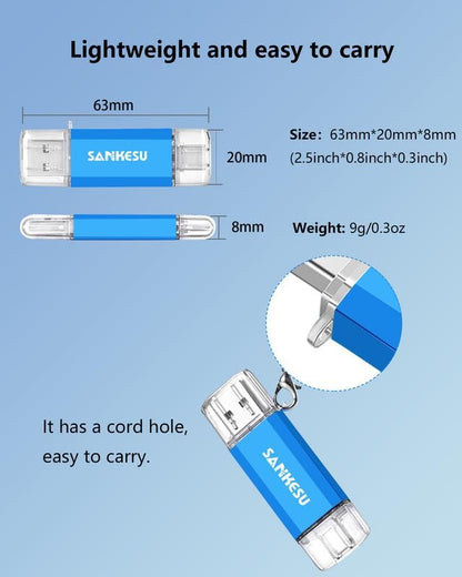 2 Pack 32GB USB C Flash Drive, Jump Drive USB-A & Type-C OTG Memory Stick, Dual Thumb Drive for PC/Laptop/Type C Cell Phone and Tablet (Blue)