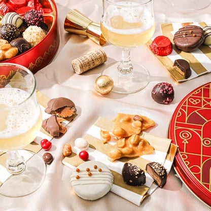BONNIE AND POP - Holiday Snack Gift Tin, Round, Modern Pattern, Assorted Treats: Belgian Truffles, Chocolate Covered Oreos, Peanut Brittle and Candy Nuts