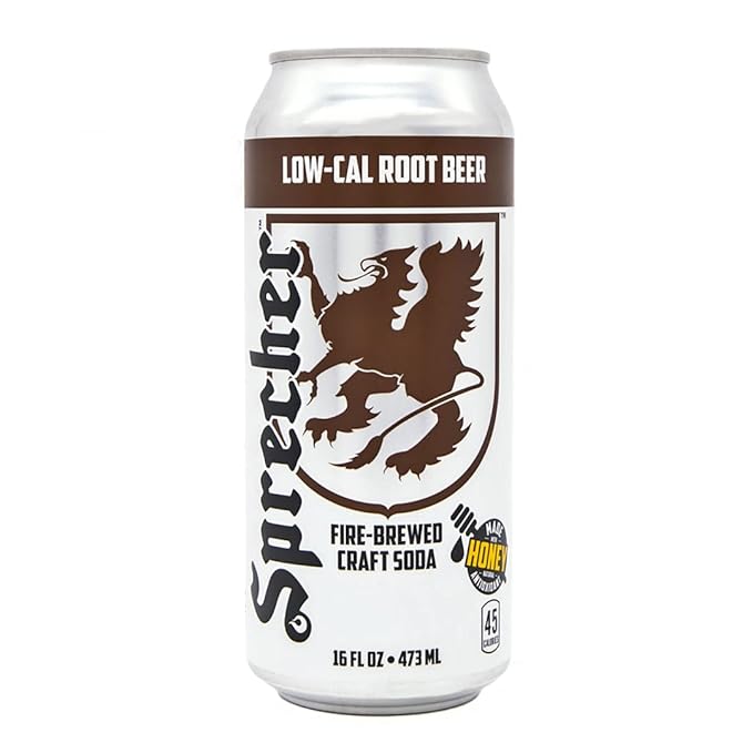 Sprecher Low-Cal Root Beer Craft Soda – Fire-Brewed Reduced-Calorie Soda with Real Wisconsin Honey, 16 fl oz Cans (12 Pack) – Caffeine-Free, Kosher, Gourmet Beverage