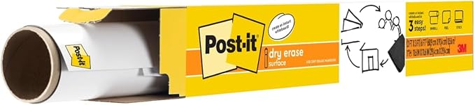 Post-it Dry Erase Whiteboard Film Surface for Walls, Doors, Tables, Chalkboards, Whiteboards, and More, Removable, Stain-Proof, Easy Installation, 3 ft x 2 ft Roll (DEF3x2)