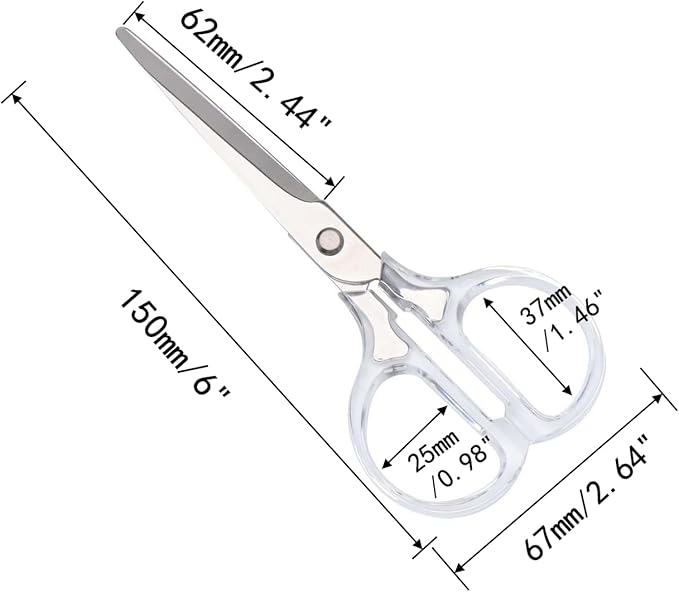 6 Inch Office Scissors Clear Acrylic Handles Silver Craft Scissor Semi-Circular Grip Fabric Shears Stainless Steel Sharp Blades Round Tips for Paper Thread (Silver)