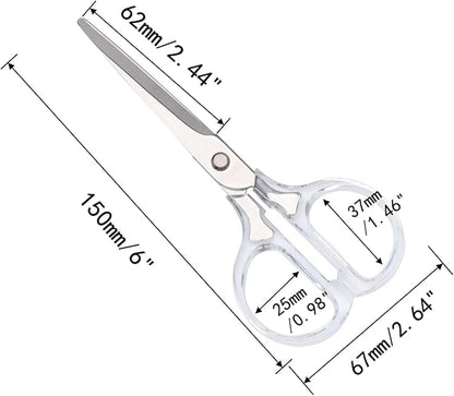 6 Inch Office Scissors Clear Acrylic Handles Silver Craft Scissor Semi-Circular Grip Fabric Shears Stainless Steel Sharp Blades Round Tips for Paper Thread (Silver)