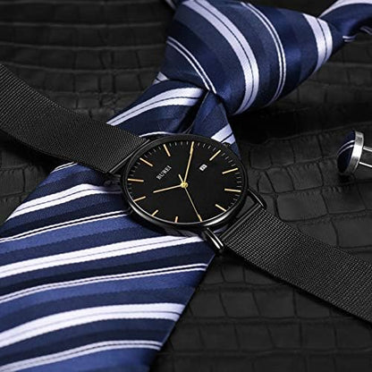 BUREI Men Watches Brown Leather Fashion Minimalist Wrist Watch Simple Ultra Thin Waterproof Quartz Watches All Black Stainless Steel Mesh Band,Gift for Men Women
