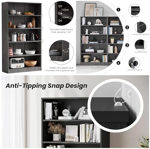 Bookshelf, Shelf Bookcase Open Modern Bookshelf, Bookcase with Freestanding Display Storage, Wooden Book Shelf for Bedroom, Living Room, Dinning Room, Office, 60 Inch