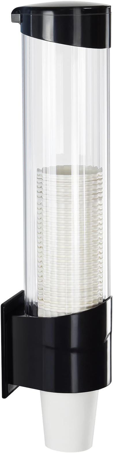 Medium Pull Type Cup Dispenser, Paste or Screw Plate Mountable Cups Holder, Fits 5oz - 7oz Cone or Flat Bottom Cups, 16” Tube Length, Mounting Water Dispenser Cooler or Wall (Medium, Black)