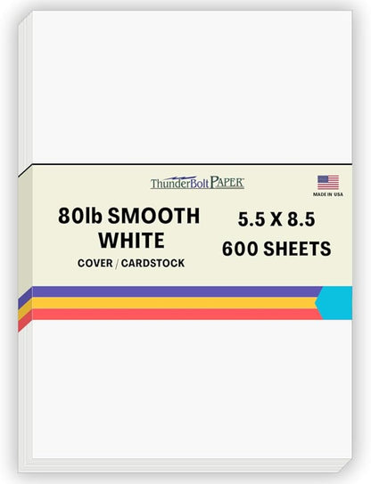 600 Bright White Smooth Card Paper Sheets -5.5" X 8.5" (5.5X8.5 Inches) Half Letter | Statement Size - 80# (80 lb/pound) Cover Weight - Quality Paper - Smooth Finish