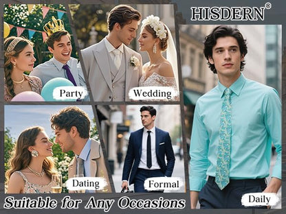 HISDERN Men Floral Ties Woven Classic 3.4" Necktie Set Formal Tie Pocket Square for Wedding with Handkerchief Gift Box