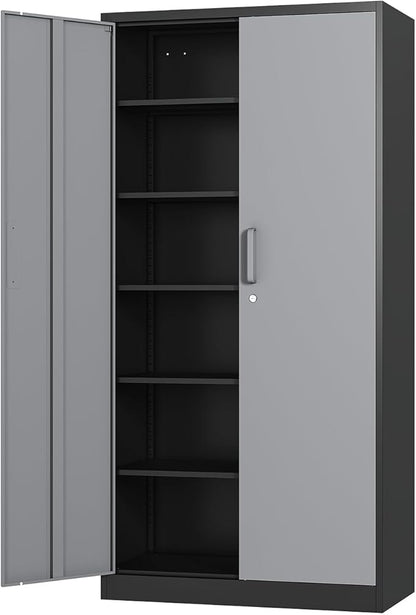 Metal 71' Tall File Cabinet with Lockable Doors and 5 Adjustable Shelves - Black&Gray Steel Storage Cabinet for Home, School, Office, Garage