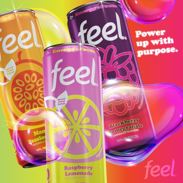 FEEL Zero Sugar Natural Energy Drink Variety Pack – Blackberry Pomegranate, Mango Passionfruit & Raspberry Lemonade, 140mg Plant-Based Caffeine with L-Theanine for Focus, Vitamin C for Immunity, Vegan, Non-GMO, No Artificial Sweeteners, 12 Fl Oz Cans (...