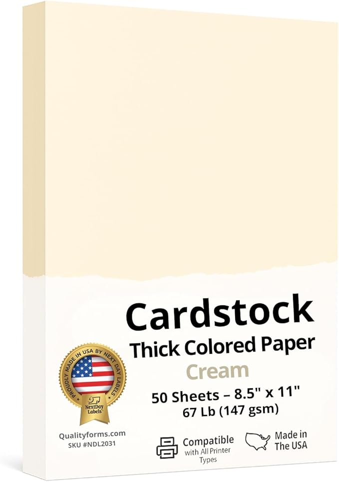 NextDayLabels Color Cardstock Paper - 50 Sheets - 8-1/2" x 11" - Cream 67 lb (147 gsm) - Thick Colored Paper for Crafting, Invitations, Posters, Flyers, and DIY Projects - Made in USA