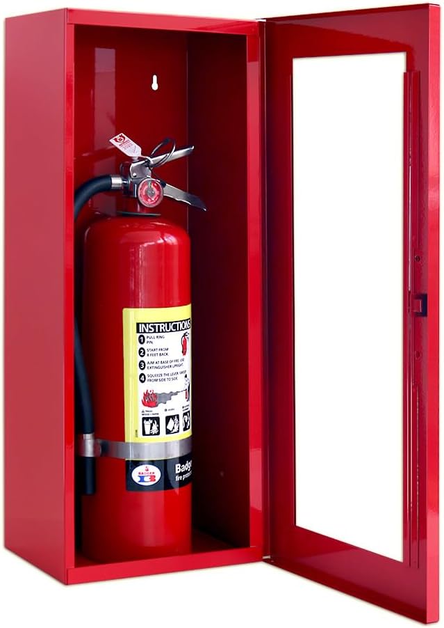 Fire Extinguisher Mount - Red Cabinet with Door - 22 Gauge Steel, Powdercoat Finish, Metal Handle, Universal Wall Mountability - 5-10 lb. Capacity - Made in USA - Extinguisher Not Included