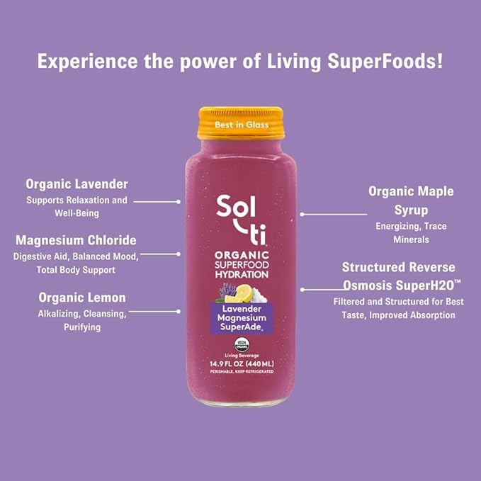 Organic SuperAde Hydration Drink, Digestive Health + Balanced Mood, SuperFood Lemonade by Sol-ti, Cold-Pressed Lavender, Magnesium, & Lemon Juice Blend,16 Pack (14.9 Fl oz)