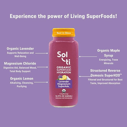 Organic SuperAde Hydration Drink, Digestive Health + Balanced Mood, SuperFood Lemonade by Sol-ti, Cold-Pressed Lavender, Magnesium, & Lemon Juice Blend,16 Pack (14.9 Fl oz)