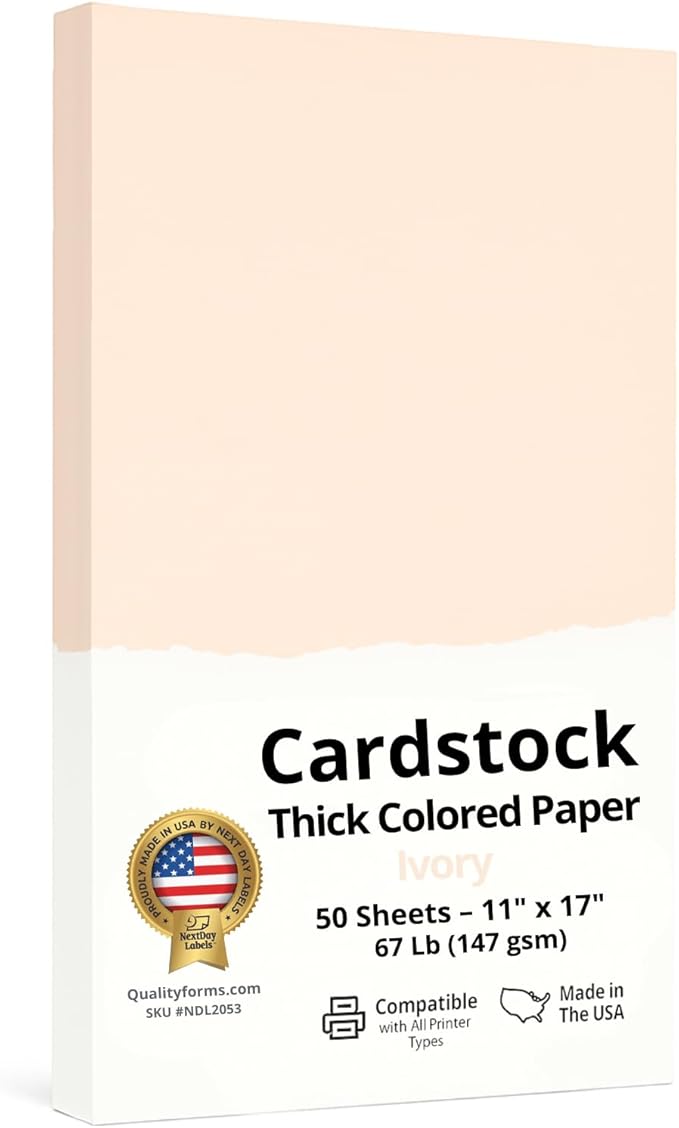 NextDayLabels Color Cardstock Paper - 50 Sheets -11" x 17" - Ivory 67 lb (147 gsm) - Thick Colored Paper for Crafting, Invitations, Posters, Flyers, and DIY Projects - Made in USA