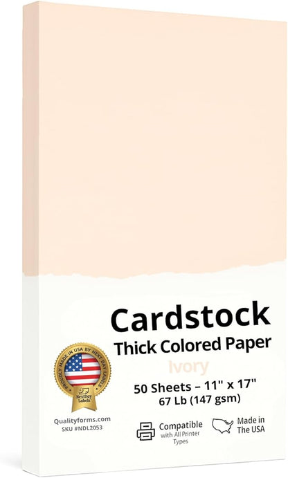 NextDayLabels Color Cardstock Paper - 50 Sheets -11" x 17" - Ivory 67 lb (147 gsm) - Thick Colored Paper for Crafting, Invitations, Posters, Flyers, and DIY Projects - Made in USA