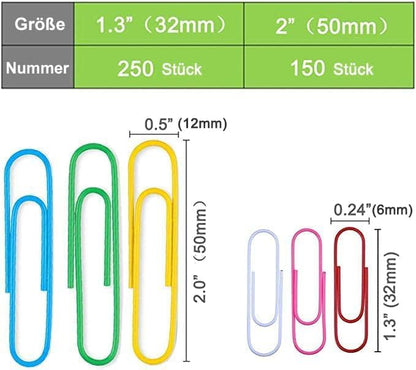 Colored PaperClips Assorted Sizes 400 Pieces, 2"（50mm） Large Paper Clips and 1.3" （33mm） Paper Clips Medium Size, Sturdy Coated PaperClips Smooth for Office School and Personal Use