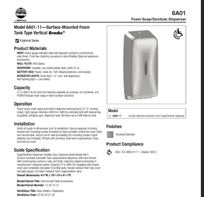 Bradley 6A01-11 Diplomat Foam Soap/Sanitizer Dispenser, Surface Mounted, Vertical Tank, Low Battery Indicator Lights, Architectural Satin Finish, Stainless Steel