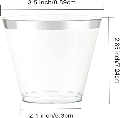 WELLIFE 200pcs Silver Cups, 9OZ Clear Plastic Cups,Plastic Wine Glasses Disposable,Cocktail Glasses for Party and Weddings