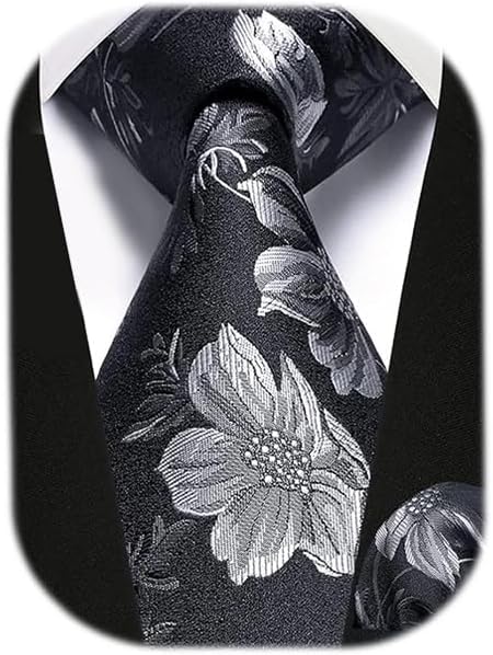 HISDERN Men Floral Ties Woven Classic 3.4" Necktie Set Formal Tie Pocket Square for Wedding with Handkerchief Gift Box