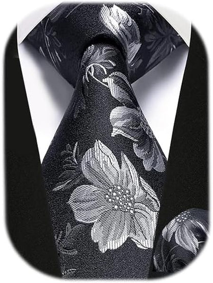 HISDERN Men Floral Ties Woven Classic 3.4" Necktie Set Formal Tie Pocket Square for Wedding with Handkerchief Gift Box