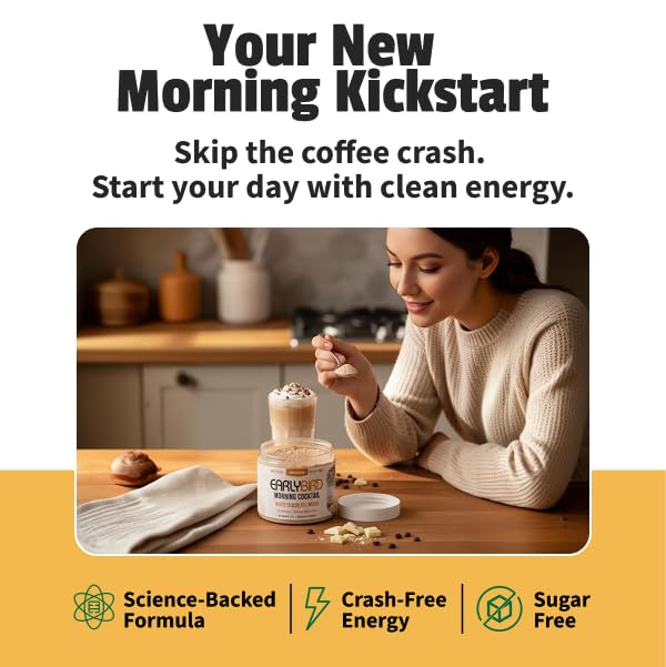 EarlyBird Energy Drink Powder - Morning Cocktail White Chocolate Mocha - Zero Sugar Electrolytes with Amino Acids - Electrolytes Powder & Caffeine Drink Mix for Morning Energy, Focus & Hydration - 45 Servings