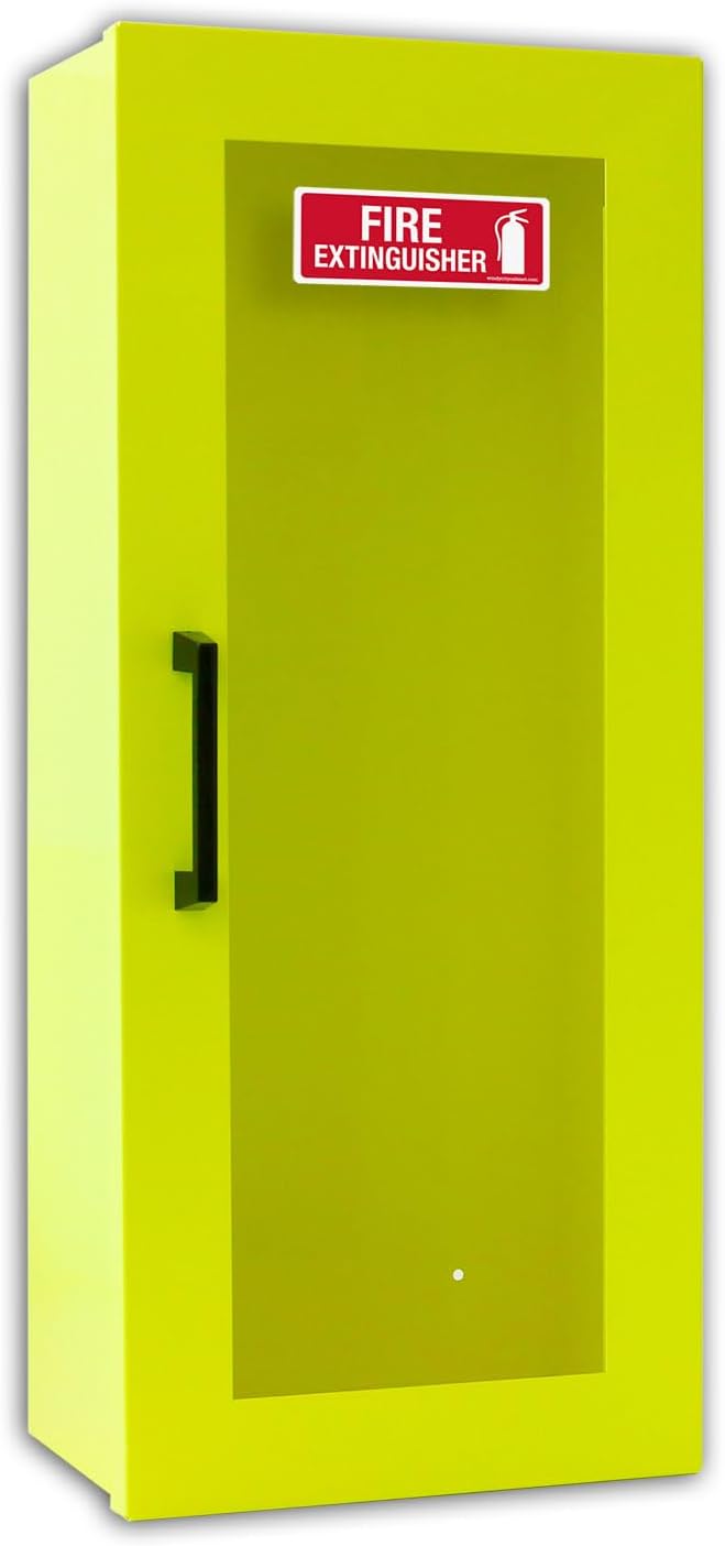 Fire Extinguisher Mount - Neon Cabinet with Door - 22 Gauge Steel, Powdercoat Finish, Metal Handle, Universal Wall Mountability - 5 -10 lb. Capacity - Made in USA - Extinguisher Not Included