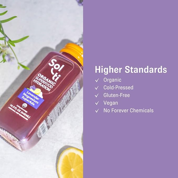 Organic SuperAde Hydration Drink, Digestive Health + Balanced Mood, SuperFood Lemonade by Sol-ti, Cold-Pressed Lavender, Magnesium, & Lemon Juice Blend,16 Pack (14.9 Fl oz)