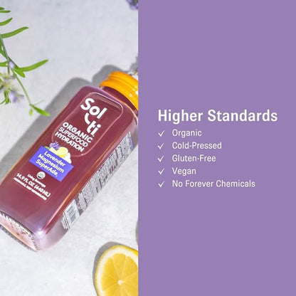 Organic SuperAde Hydration Drink, Digestive Health + Balanced Mood, SuperFood Lemonade by Sol-ti, Cold-Pressed Lavender, Magnesium, & Lemon Juice Blend,16 Pack (14.9 Fl oz)