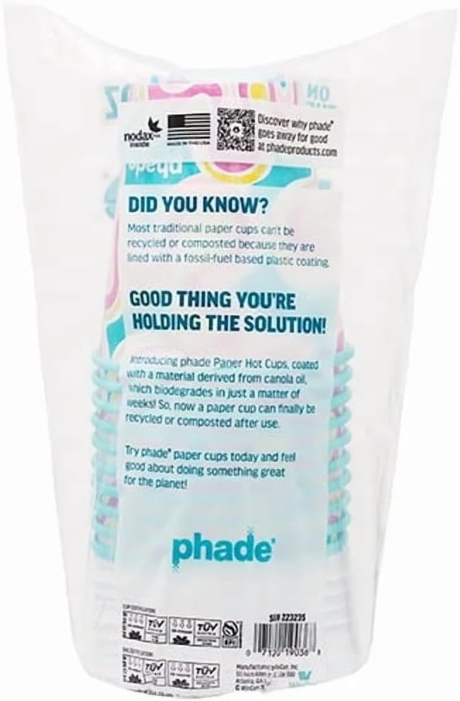 phade 12 oz Paper Hot Cups with Lids - 80 Count - Marine Biodegradable, Compostable & PFAS-Free - Made in USA Eco Coffee Cups, Squiggle Multi-Color