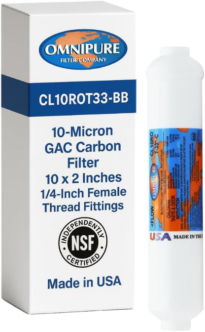 Omnipure CL10ROT33-BB Inline Water Filter, 1/4" FPT, Granular Carbon Replacement Cartridge, In-Line Water Filters for Under-Sink RO, Water Coolers, Ice Machines, RVs, NSF Certified and Made in USA
