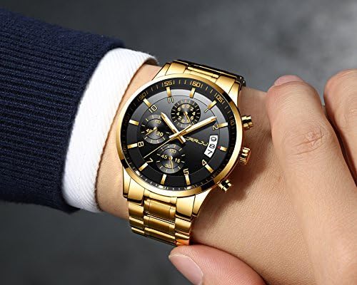 CRRJU Men's Fashion Stainless Steel Watches Date Waterproof Chronograph Wristwatches,Black Steel Band Waterproof Quartz Watch for Men