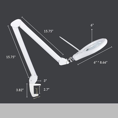 Neatfi Elite Super LED Magnifying Lamp with Clamp, 6” Glass Lens, Dual Magnification, 5D/12D, 6500K, Glare-Free, Nonpolar Dimming, Lamp for Reading, Sewing, Crafting (6 Inch Lens, White)