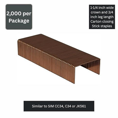 C-3/4,1-1/4" Crown by 3/4" Leg Length Carton Closing Stick Staple, 2000 per Package- SIM CC34, C34 or JK561, Ideal for Folding Boxes, Complete Overlap and Corrugated Cardboard Applications