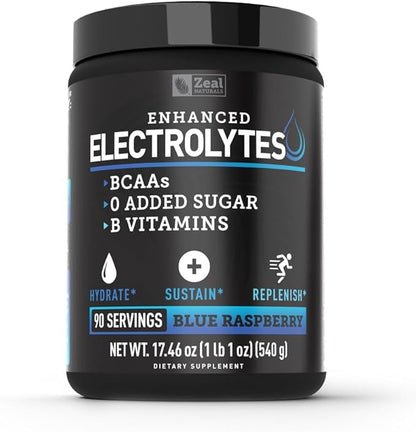Zeal Electrolyte Powder - 90 Servings | Keto Electrolytes Powder | Zero Sugar, BCAAs, B-Vitamins | Potassium, Zinc, Magnesium | Hydration Powder Recovery Drink | Blue Raspberry