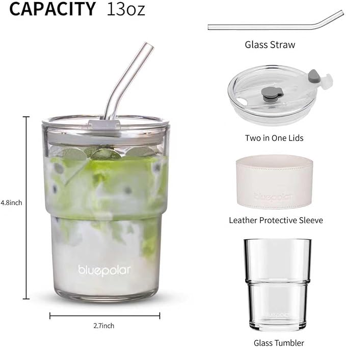 13oz/400ml Glass Water Tumbler with Straw and Lid Sealed Carry On Thick Wall Iced Coffee Cup Glass Cup for Water, Iced Tea Fruit Juice Etc (White with Protect Sleeve)