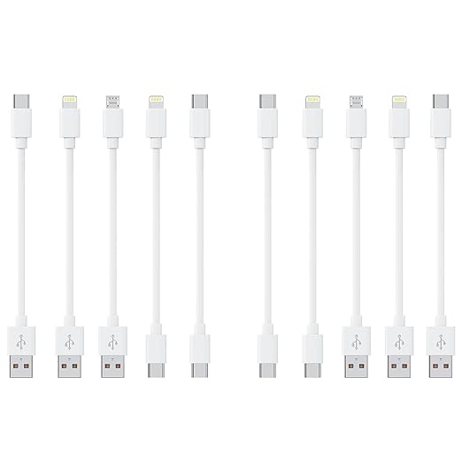 [0.75FT, 10-Pack] Multi Short USB Charging Cables, Fast Charge & Sync Type-C/Lightning/Micro Cords Bulk for Charging Station Compatible with iPhone16&15, iPhone5-14, iPads, Mobiles, Tablets, White