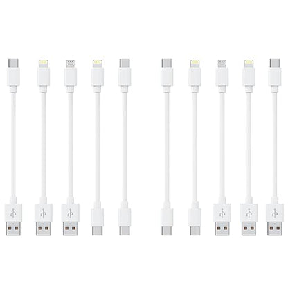 [0.75FT, 10-Pack] Multi Short USB Charging Cables, Fast Charge & Sync Type-C/Lightning/Micro Cords Bulk for Charging Station Compatible with iPhone16&15, iPhone5-14, iPads, Mobiles, Tablets, White