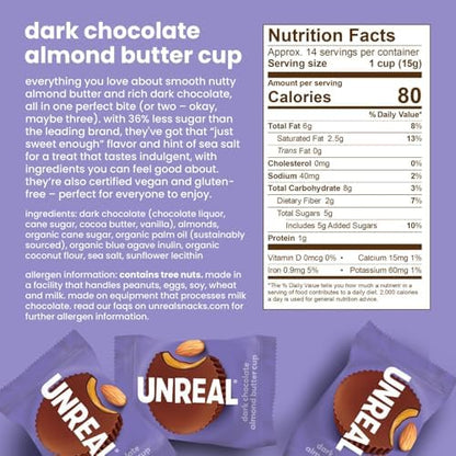 UNREAL Dark Chocolate Almond Butter Cups | 5g Sugar | Certified Vegan, Gluten Free, Fair Trade, Non-GMO | No Sugar Alcohols or Soy | 210 Grams