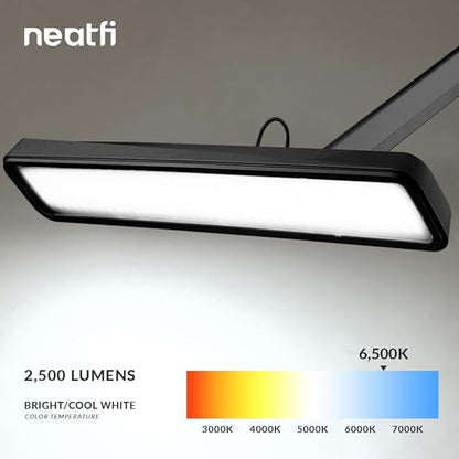 Neatfi Task Lamp – 2,500 Lumens, 30W, 22-Inch Wide Shade, 4 Brightness Levels, Eye-Caring Light, Clamp Mount, LED Task Light for Manicure Table, Crafts, Workbench, Office (Non-CCT, Black)