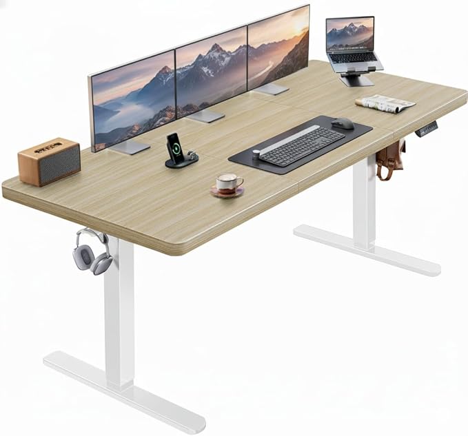 HUANUO 71 x 30 inch Electric Standing Desk, Powerful Brushless Motor Large Height Adjustable Table, 4 Memory Preset Sit Stand Up Desk, Home Office Computer Table with Thick T-Shaped Frame, Natural