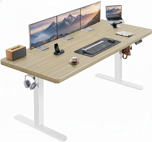 HUANUO 71 x 30 inch Electric Standing Desk, Powerful Brushless Motor Large Height Adjustable Table, 4 Memory Preset Sit Stand Up Desk, Home Office Computer Table with Thick T-Shaped Frame, Natural