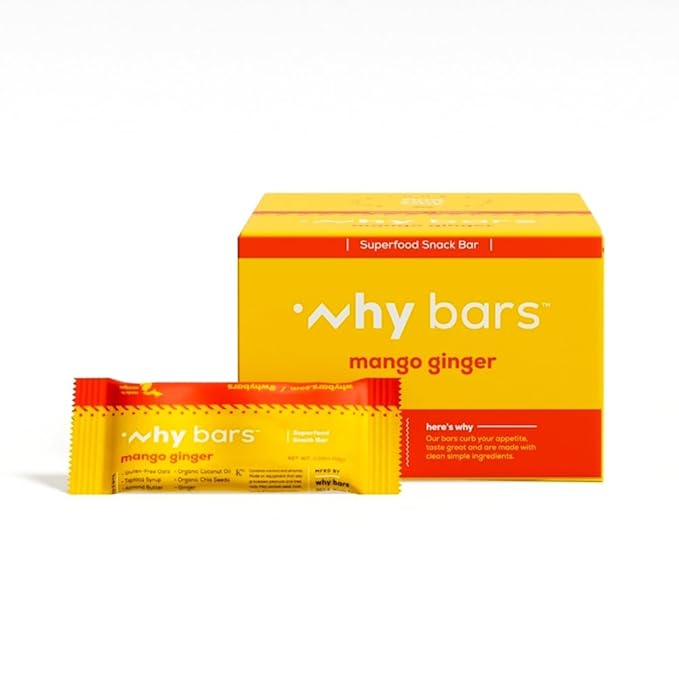 Why Bars, Protein Bars, Mango Ginger, 2.04 Ounce Bars (Pack of 12 Protein Bars) - Protein Bar Superfood, Gluten Free, Non GMO, Organic, Vegan, Simple Ingredients