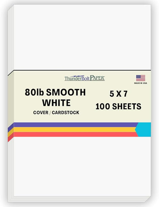 100 Bright White Smooth Card Paper Sheets - 80# Cover Weight - 5" X 7" (5X7 Inches) Photo|Card|Frame Size - 80 lb/Pound Quality Paper for Consistency in Print as a Result of The Smooth Finish