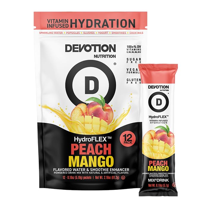 Devotion Nutrition HydroFLEX Water Flavoring Packets – Sugar-Free Hydration with Vitamins & Electrolytes – Dye-Free, Gluten-Free (Peach Mango) 12-Pack Drink Mix