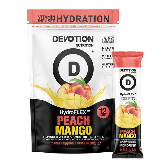 Devotion Nutrition HydroFLEX Water Flavoring Packets – Sugar-Free Hydration with Vitamins & Electrolytes – Dye-Free, Gluten-Free (Peach Mango) 12-Pack Drink Mix
