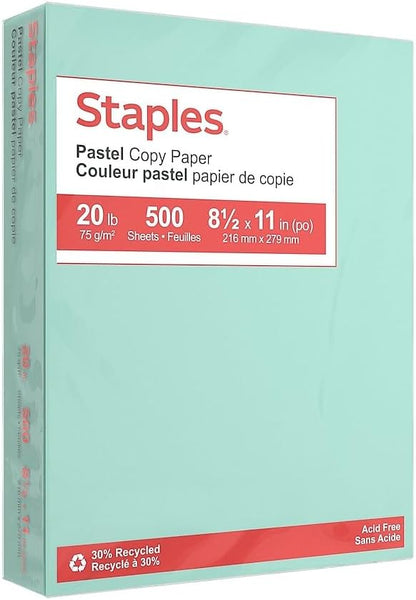 Staples Pastel Color Copy Paper, 20 lbs., 8.5" x 11", Turquoise, 500 Sheets/Ream (14784)