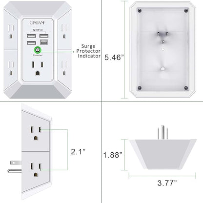 Wall Charger, Surge Protector, QINLIANF 5 Outlet Extender with 4 USB Charging Ports, 3-Sided 1680J Power Strip Multi Plug Adapter Spaced for Home Travel Office