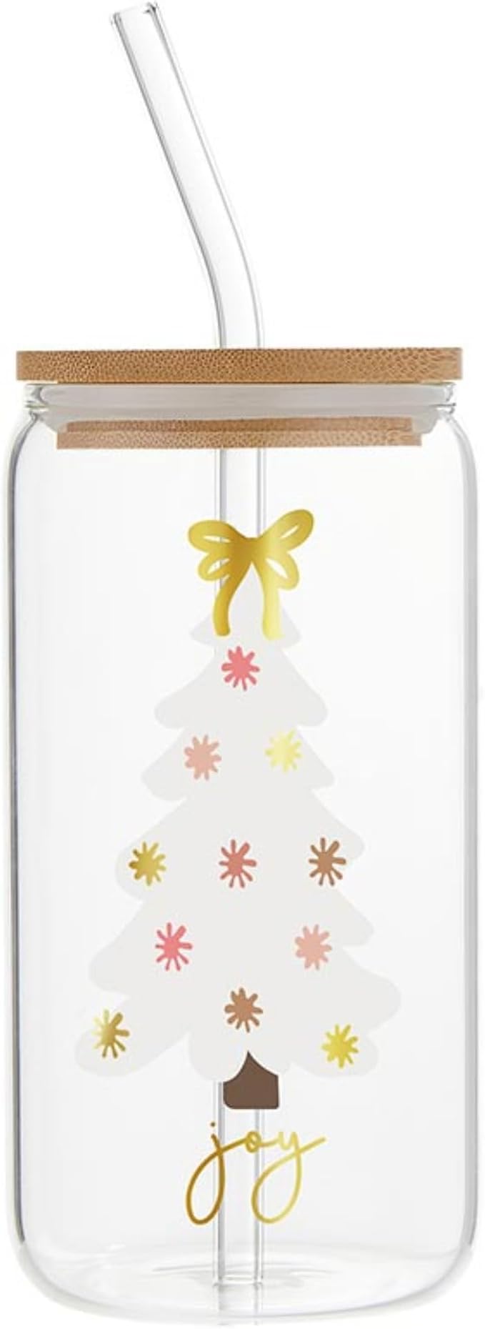 Santa Barbara Design Studio Blush Collection Holiday Cold Brew Glass Travel Tumbler Cup with Bamboo Lid and Glass Straw, 16 Fluid Ounces, Joy Tree